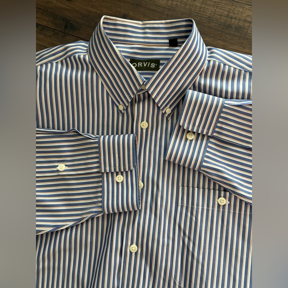 Orvis Shirt Mens  Button Down Long Sleeve 1 Chest Pocket Vertical Striped XXL